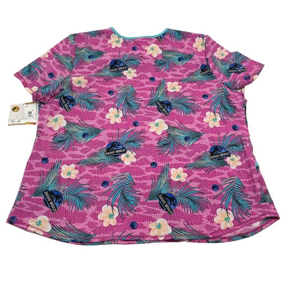 Jurassic World Womens Size 2XL Short Sleeve Pink V Neck Print Medical Scrub Top - Picture 2 of 9
